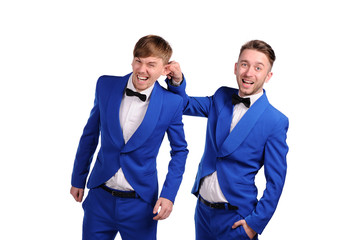 Funny men  dressed in blue suite with different emotions