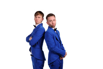 Funny men  dressed in blue suite with different emotions