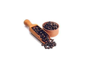 Coffee beans in a wooden bowl