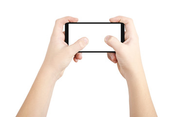 Two hands playing on smart phone, isolated