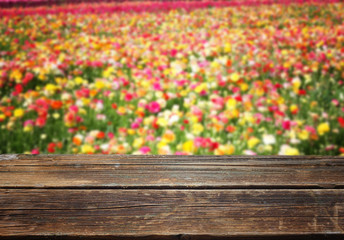 wooden table against field of colorfull flowers