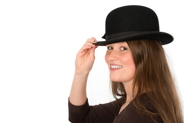 Fototapeta na wymiar nice young woman with bowler- hat
