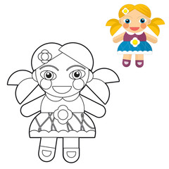 Obraz premium Cartoon girl - doll - coloring page with preview for children