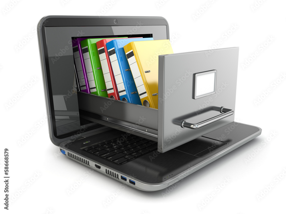 Aufkleber data storage. laptop and file cabinet with ring binders.
