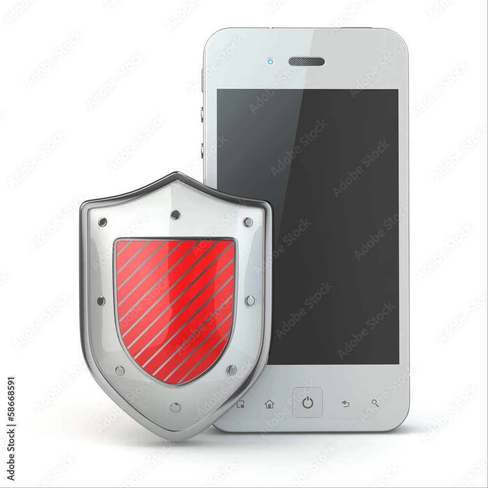 Poster mobile phone security concept. cellphone and shield.