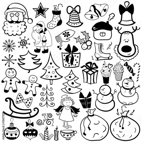 "Christmas icon set, black and white element" Imagens e vetores de