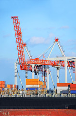Container stack and ship under crane bridge