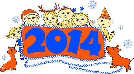 vector illustration of children with a banner 2014