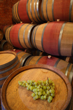 Barrels in the cellar with bunch of grape