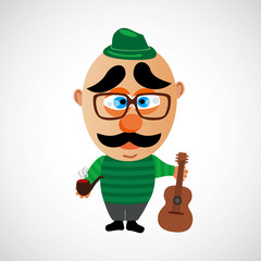 Cartoon hipster with a big bald head. Vector.