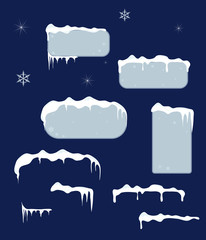 Christmas sale stickers and tags with icicles, snow top. - obrazy, fototapety, plakaty