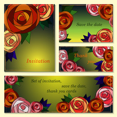 Invitation, save the date cards with mosaic roses.