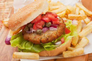 Fish burger with french fries