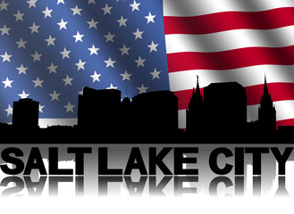 Salt Lake City skyline text reflected American flag illustration