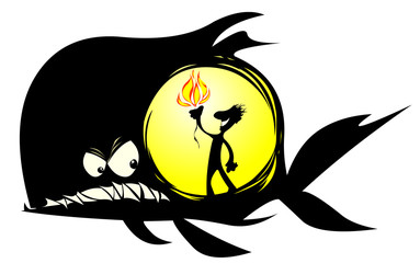 Light in Shark. Cartoon silhouette allegory.