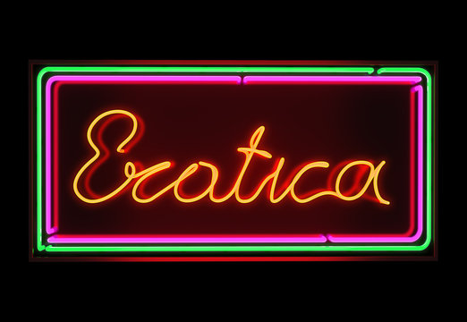 Erotica neon sign illuminated over dark background