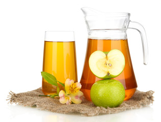 Full glass and jug of apple juice and apples isolted on white