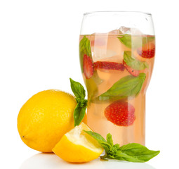 Basil lemonade with strawberry in glass, isolated on white
