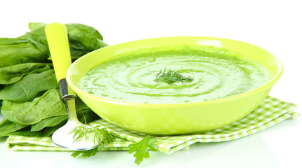 Tasty spinach soup, isolated on white
