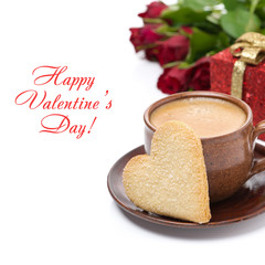 cup of coffee, cookie in the shape of heart, gift and roses