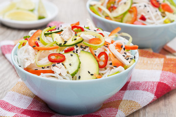 delicious Thai salad with vegetables, rice noodles, chicken