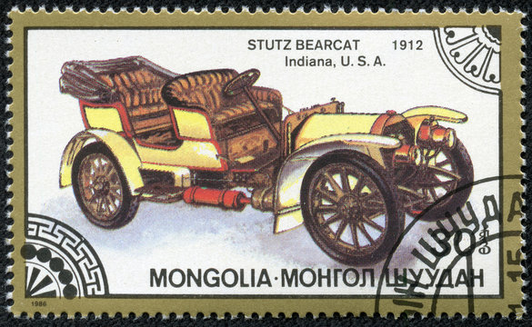 stamp printed in Mongolia shows stutz bearcat indiana