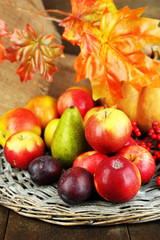 Autumn composition of fruits and pumpkins on table close-up