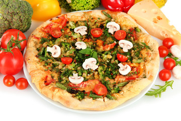 Tasty vegetarian pizza and vegetables, isolated on white
