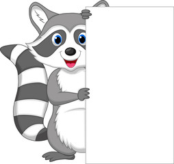 Cute raccoon cartoon holding blank sign © tigatelu