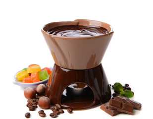 Chocolate fondue, isolated on white