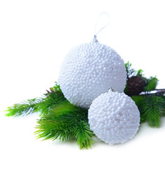 Christmas balls on fir tree, isolated on white