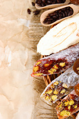 Tasty oriental sweets, on brown background