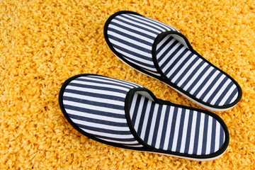 Striped slippers on carpet background