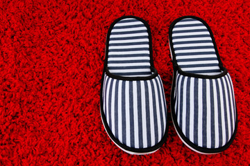 Striped slippers on carpet background