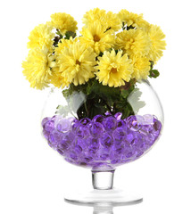 Beautiful flowers in vase with hydrogel isolated on white