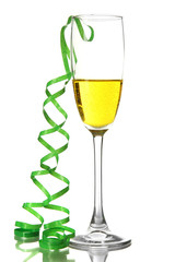 Glass of champagne and streamer after party isolated on white