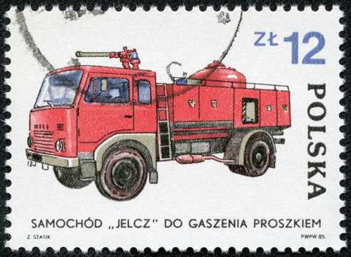 stamp printed in Poland, representing a fire truck
