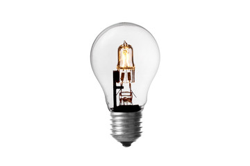 Glowing yellow light bulb isolated on white background