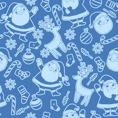 Seamless background with deer, santa, snowflakes, balls.
