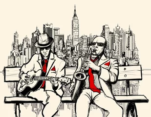 Stickers pour porte Best-sellers Collections deux jazzmen jouant à New York