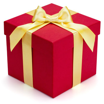 Red gift box with yellow ribbon and bow.