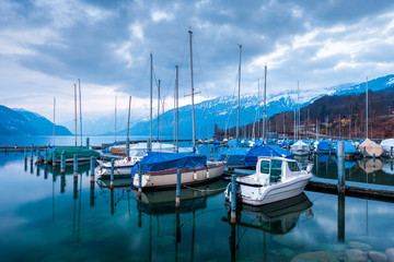 .Yachts and boats on Lake Thun in the Bernese Oberland, Switzer