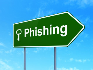 Safety concept: Phishing and Key on road sign background