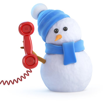 Blue snowman answers the phone