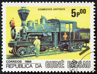 Fototapeta na wymiar stamp printed in Republic of Guinea Bissau shows engine