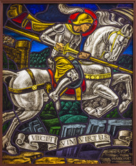 Antwerp - Windowpane of duel of St. Georeg with the Devil
