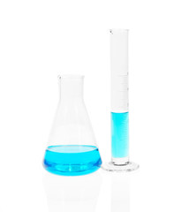 Laboratory glassware with blue liquid