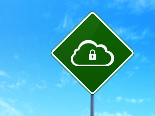Cloud networking concept: Cloud With Padlock on road sign