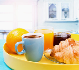 healthy breakfast with coffee, croissants and fresh orange juice