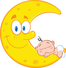 Cute Baby Boy Sleeps On The Smiling Moon Cartoon Characters